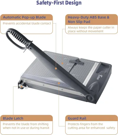 Highlights the safety-focused physical components and structural features of the paper cutter to reassure shoppers about safe operation and accident prevention. Emphasizes multiple safety features…