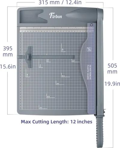 Communicates the exact physical dimensions of the paper trimmer (315mm x 505mm / 12.4in x 19.9in) and its maximum cutting capacity (12 inches) to help shoppers understand if it fits their workspace…
