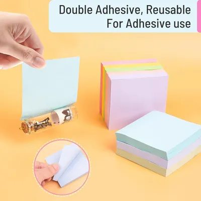 Communicates that the sticky notes feature double-sided adhesive and are reusable, providing flexibility and value for note-taking and organization.
