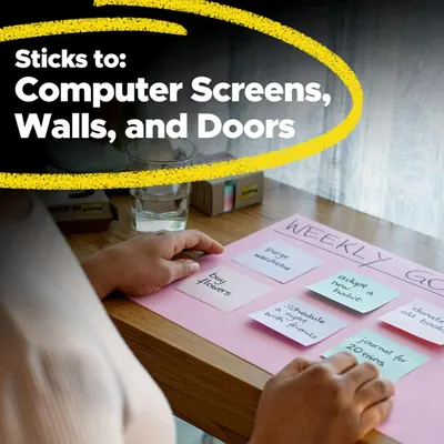 Demonstrates the product's versatility by showing it can stick to multiple surfaces including computer screens, walls, and doors, reassuring shoppers of its wide range of uses.
