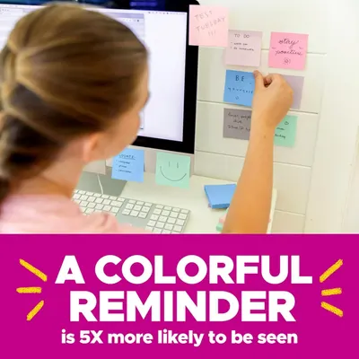 Communicates that colorful sticky notes are 5 times more likely to be seen, emphasizing the product's effectiveness in capturing attention and improving organization. Demonstrates the core benefit…