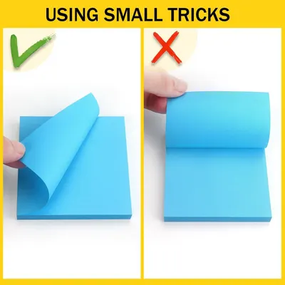 Demonstrates the correct way to remove sheets from a sticky note pad to prevent curling, showing shoppers how to use the product properly for best results.