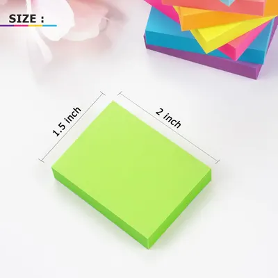 Communicates the exact physical size of the sticky note pad (1.5 inch x 2 inch) to help shoppers understand the product's compact dimensions and determine if it fits their needs.
