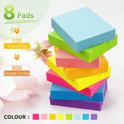 Communicates the quantity and variety included in the purchase, showing shoppers they receive 8 colorful sticky note pads with 100 sheets each for a total of 800 sheets.