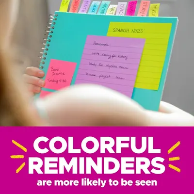 Demonstrates that the colorful sticky notes are highly visible and effective for reminders, helping shoppers understand the product's key benefit of standing out and being noticed.