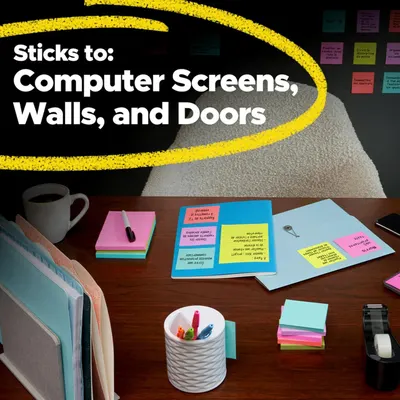 Demonstrates the product's versatility by showing it can be used on multiple surfaces including computer screens, walls, and doors, reassuring shoppers of its wide range of applications. Shows the…