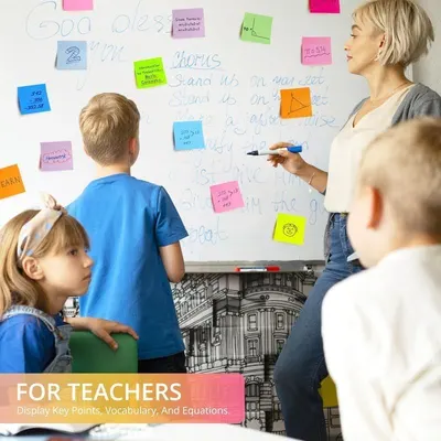 Demonstrates the product's application in educational settings, showing teachers how the whiteboard can be used to display key points, vocabulary, and equations in a classroom environment.