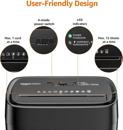 This image breaks down the physical components and features of the paper shredder to help shoppers understand its key functional parts and operational elements.