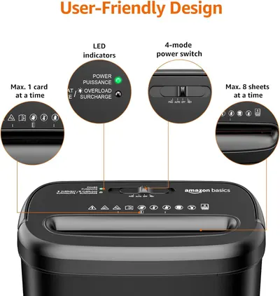 This image breaks down the physical components and features of the paper shredder, helping shoppers understand the key functional parts and operational details of the product.