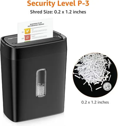 Communicates the shredder's security level (P-3) and precise shred size dimensions to reassure shoppers about document security and privacy protection.