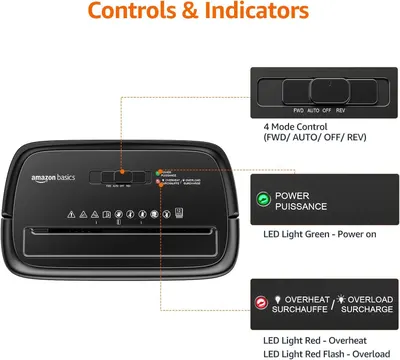 This image breaks down the shredder's control panel and indicator lights, helping shoppers understand how to operate the device and what each button and LED signal means.