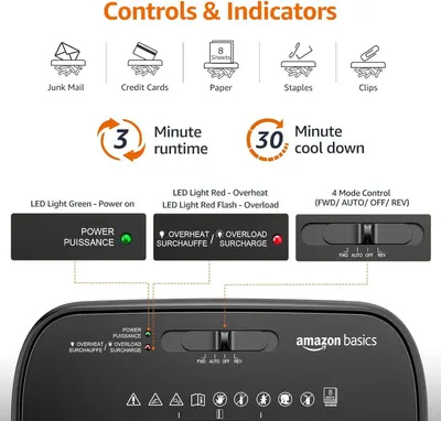 This image breaks down the shredder's control panel and indicators to help shoppers understand how to operate the device and monitor its status during use.