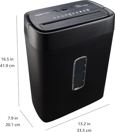 Communicates the exact physical dimensions of the shredder (height, width, depth) to help shoppers understand if it will fit their space.