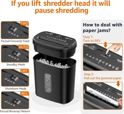 Instructs shoppers on how to resolve paper jams using the reverse function and explains the different operating modes (FWD, AUTO, OFF, REV) to reassure them the shredder is easy to use and maintain.…