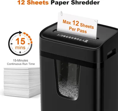 Communicates the shredder's key performance specifications—12-sheet capacity per pass and 15-minute continuous operation—to help shoppers understand the product's capability and efficiency for…