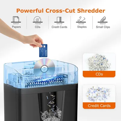 Demonstrates the shredder's versatility by showing it can handle multiple types of materials (papers, CDs, credit cards, staples, small clips) with powerful cross-cut shredding, reassuring shoppers…