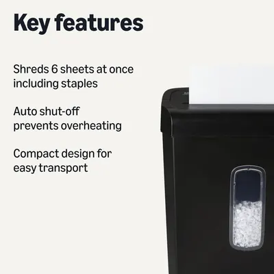 Communicates three distinct product benefits in a segmented list format to show the shredder's performance, safety features, and portability.
