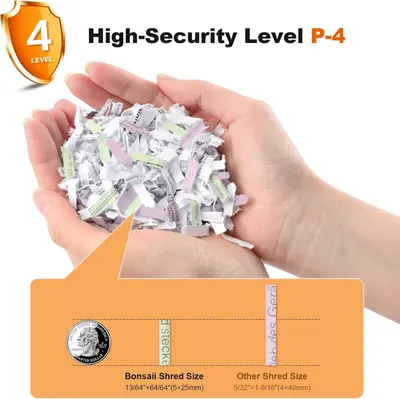 Communicates the product's high security level (P-4) and precise shred size measurement to reassure shoppers about document security and privacy protection. Demonstrates that this shredder produces…