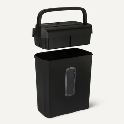 Provides a clean, catalog-style view of the paper shredder product showing its two-part design with the shredding unit and waste bin separated.