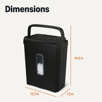 Communicates the exact physical size of the paper shredder (14.6 x 12.2 x 7.2 inches) to help shoppers assess whether it will fit in their intended space.