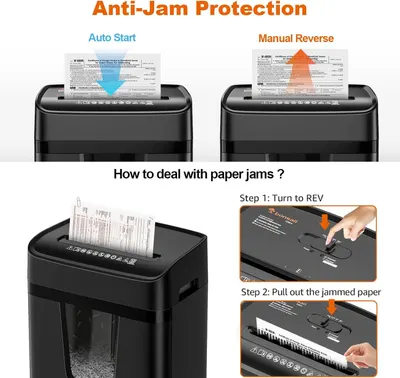 Demonstrates how to resolve paper jams using the shredder's anti-jam protection features (auto start and manual reverse) with clear step-by-step instructions to reassure shoppers of easy…
