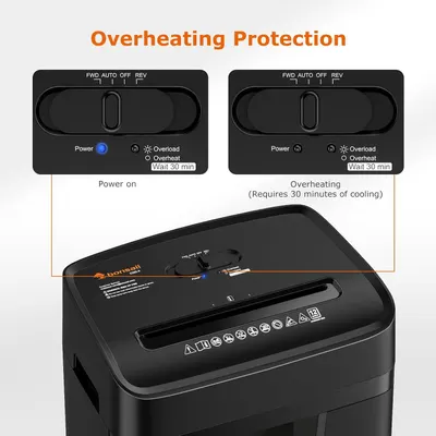 Explains how the product's overheating protection feature works by showing the control panel indicators in two states (power on vs. overheating), helping shoppers understand the safety mechanism and…