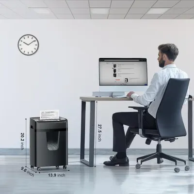 Communicates the exact physical dimensions of the paper shredder (20.2 x 13.9 x 9.6 inches) to help shoppers understand its size and whether it will fit in their office space. Shows the product in a…