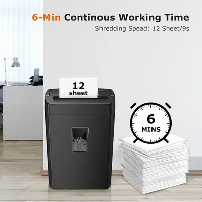 Communicates the shredder's performance capabilities by highlighting its 6-minute continuous runtime and fast shredding speed of 12 sheets per 9 seconds, reassuring shoppers of its efficiency and…