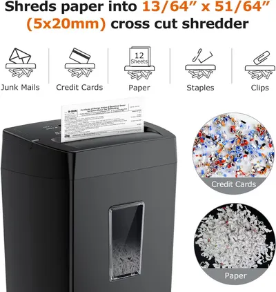 Demonstrates the shredder's versatility by showing it can handle multiple types of materials (junk mail, credit cards, paper, staples, clips) and provides visual proof of the cross-cut shred results…