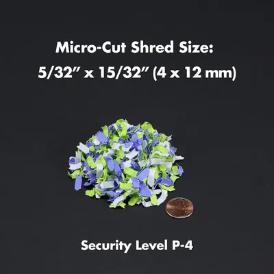 Communicates the exact physical dimensions of the shredded paper output (5/32 x 15/32 inches or 4 x 12 mm) using a reference object (penny) for scale, helping shoppers understand the security level…