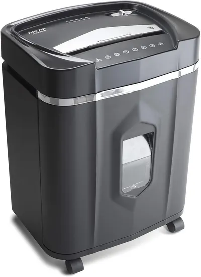 Provides a clean, catalog-style view of the paper shredder to show its design, size, and physical appearance without distractions.