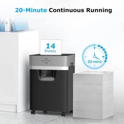 Communicates the shredder's performance capabilities by highlighting its continuous 20-minute runtime and 14-sheet capacity, reassuring shoppers of its efficiency and suitability for extended use.…