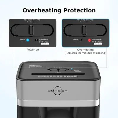 Educates shoppers on how the product's overheating protection feature works, showing the visual indicators (power on vs. overheating state) and the required 30-minute cooling period for safety.…