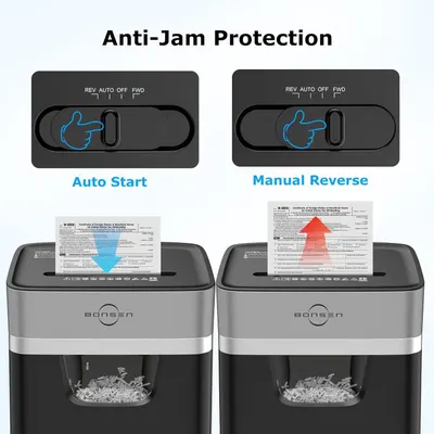 Demonstrates how the shredder's anti-jam protection works through two modes: auto start for normal operation and manual reverse to clear jams, reassuring shoppers that the product is easy to use and…