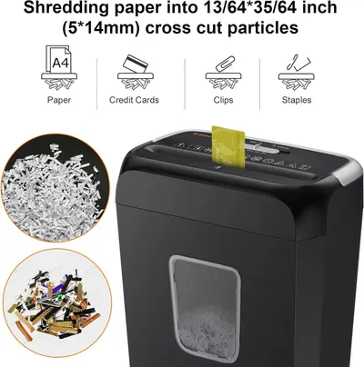 Demonstrates the shredder's versatility by showing it can handle multiple types of materials and highlights the specific cross-cut particle size for security.