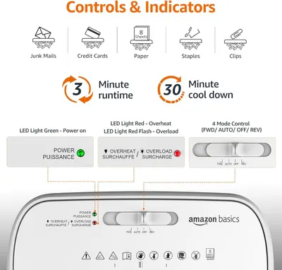 This image breaks down the shredder's control panel and indicators to help shoppers understand how to operate the device and monitor its status during use.