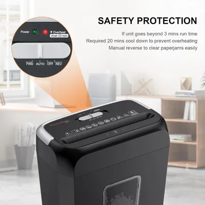 Highlights the safety features and control panel of the paper shredder, showing the overheat indicator light and manual reverse function to reassure shoppers about safe operation and jam prevention.…