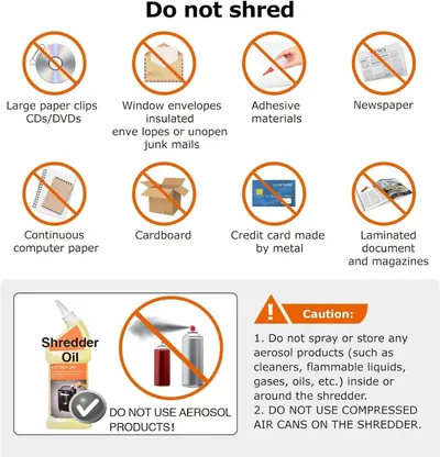 Educates the shopper on what materials should not be shredded and safety precautions to follow, ensuring proper and safe use of the shredder product.