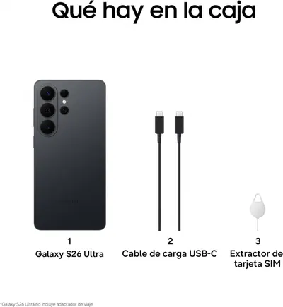 Shows the customer exactly what items are included in the box when they purchase the Galaxy S26 Ultra: the phone, USB-C charging cable, and SIM card ejector tool.