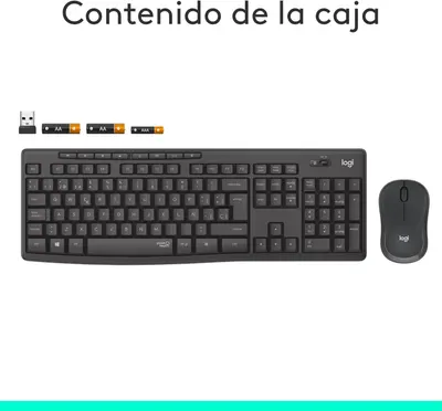 Shows the complete contents of the package to inform shoppers exactly what they will receive: a full-size keyboard, wireless mouse, and USB receiver.