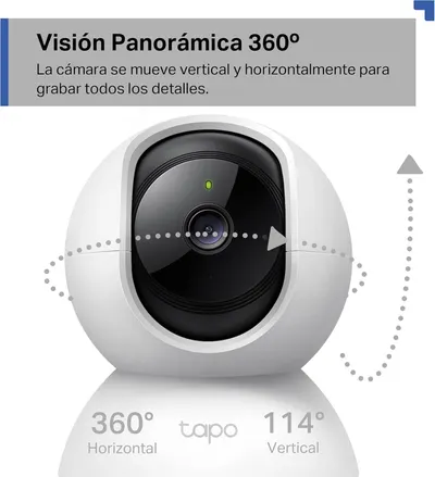 Demonstrates the camera's 360° horizontal and 114° vertical movement capabilities, showing shoppers the full range of motion for comprehensive surveillance coverage.
