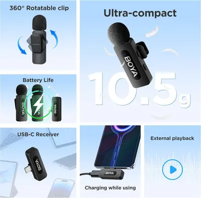 This image showcases multiple distinct features and benefits of the wireless microphone system in a segmented grid layout, helping shoppers understand the product's versatility, portability, battery…