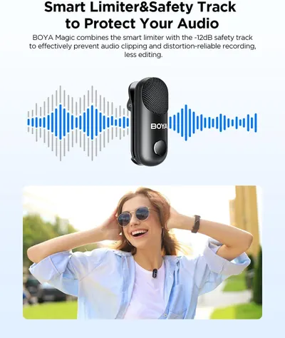 Communicates the product's smart limiter and -12dB safety track feature that prevents audio clipping and distortion, reassuring shoppers they'll get reliable recordings with less editing required.