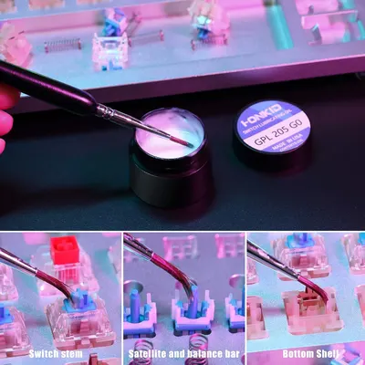 Demonstrates how to apply lubricant to mechanical keyboard switches and shows the key components involved in the assembly process. Breaks down the physical components of the keyboard switch…
