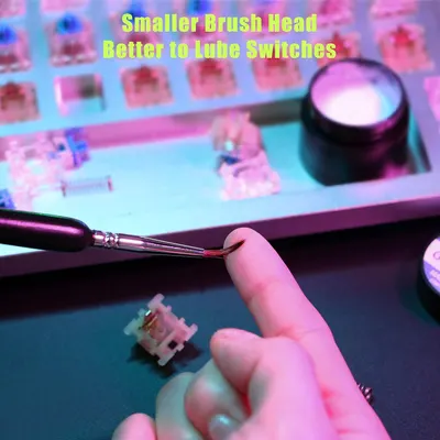 Demonstrates that the product's smaller brush head design is specifically optimized for lubricating mechanical keyboard switches, reassuring shoppers of its precision and suitability for detailed…