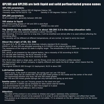 This image provides comprehensive technical information about GPL105 and GPL205 grease products, including parameters, mixing ratios, lubrication applications, and safety warnings to help industrial…