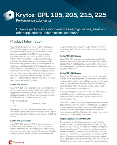 Presents the Krytox GPL product line (105, 205, 215, 225) to help shoppers understand the brand's range of performance lubricants and their specific applications under extreme conditions.