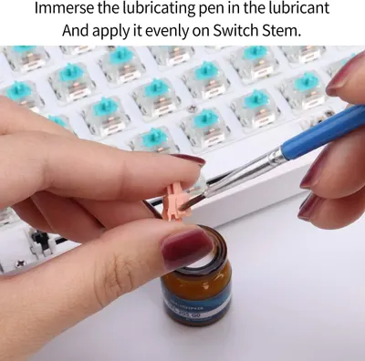 Demonstrates the proper technique for applying lubricant to keyboard switches, educating shoppers on how to maintain and improve their mechanical keyboard performance.