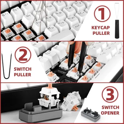Shows the customer all three tools included with the keyboard purchase: a keycap puller, switch puller, and switch opener, demonstrating the complete maintenance kit provided. Provides step-by-step…