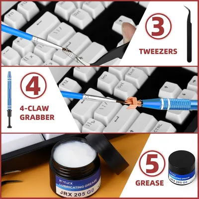 Shows three specific tools/accessories included with the product (likely a keyboard maintenance kit), helping shoppers understand what they receive in the package.